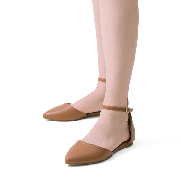 Ankle Strap Ballerina Flats - TAN PU - 1